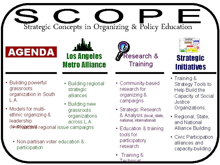 Strategic Concepts in Organizing & Policy Education AGENDA • Building powerful grassroots organization in