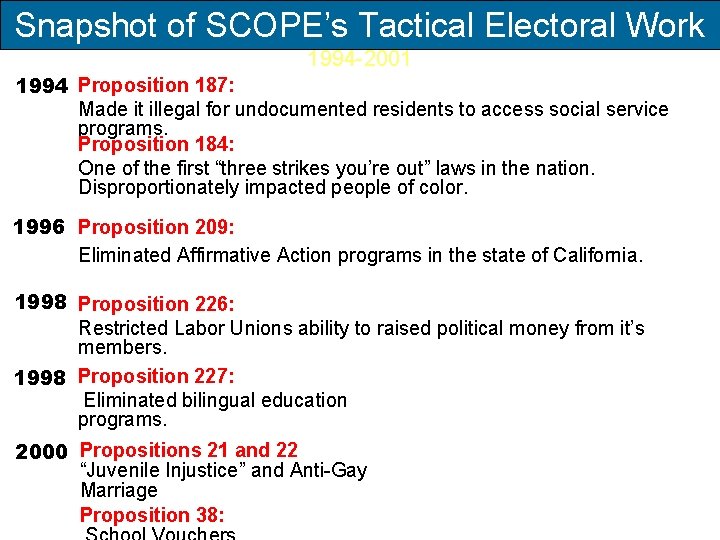 Snapshot of SCOPE’s Tactical Electoral Work 1994 -2001 1994 Proposition 187: Made it illegal