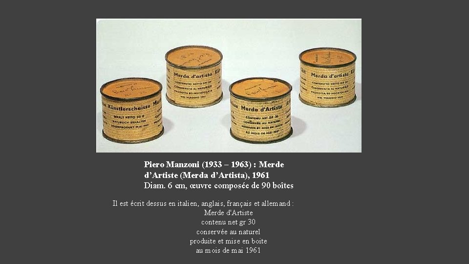 Piero Manzoni (1933 – 1963) : Merde d’Artiste (Merda d’Artista), 1961 Diam. 6 cm,