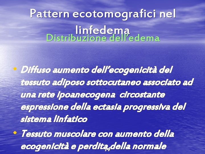 Pattern ecotomografici nel linfedema Distribuzione dell’edema • Diffuso aumento dell’ecogenicità del tessuto adiposo sottocutaneo