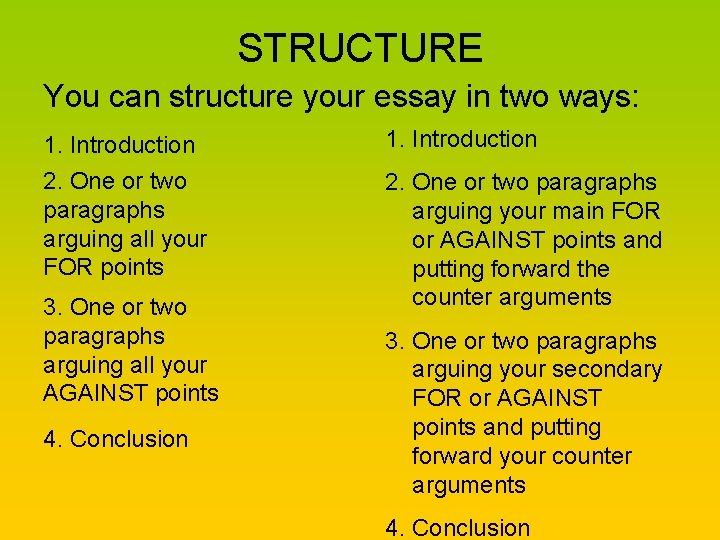 STRUCTURE You can structure your essay in two ways: 1. Introduction 2. One or