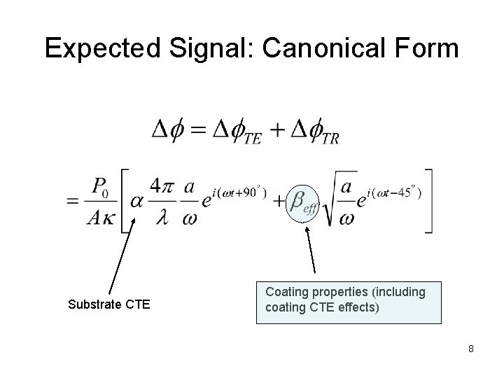 Expected Signal: Canonical Form Substrate CTE Coating properties (including coating CTE effects) 8 