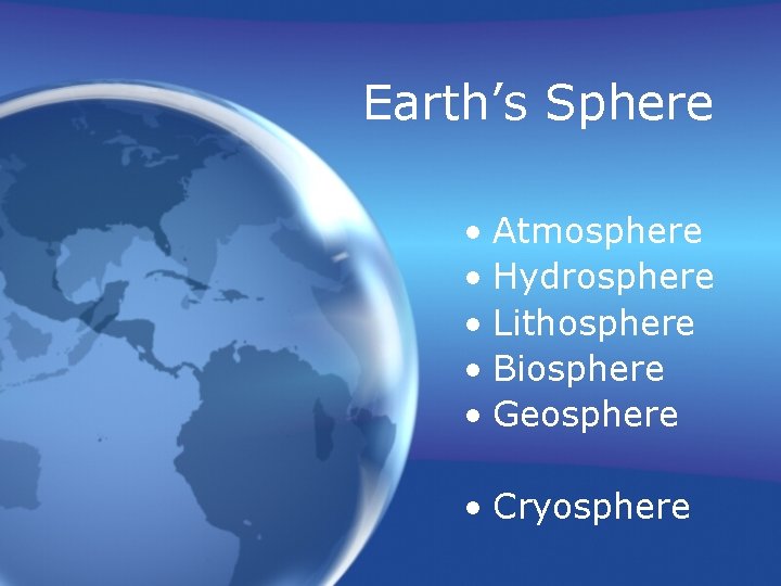Earth’s Sphere • Atmosphere • Hydrosphere • Lithosphere • Biosphere • Geosphere • Cryosphere