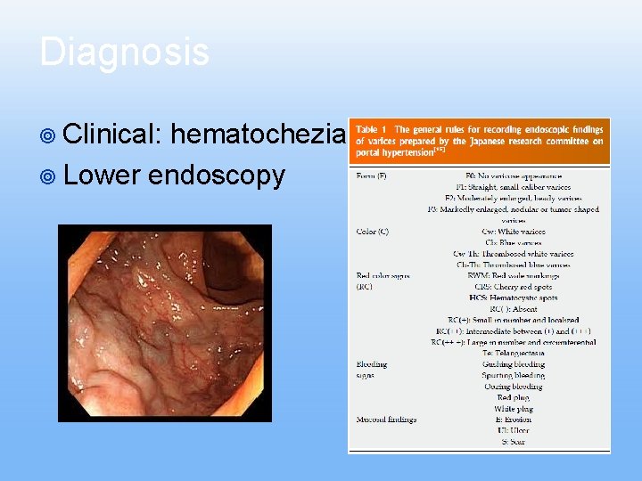 Diagnosis ¥ Clinical: hematochezia ¥ Lower endoscopy Diagnosis ¥ Clinical: hematochezia ¥ Lower endoscopy