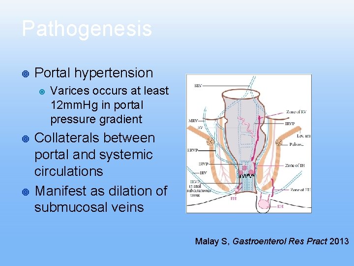 Pathogenesis ¥ Portal hypertension ¥ ¥ ¥ Varices occurs at least 12 mm. Hg Pathogenesis ¥ Portal hypertension ¥ ¥ ¥ Varices occurs at least 12 mm. Hg