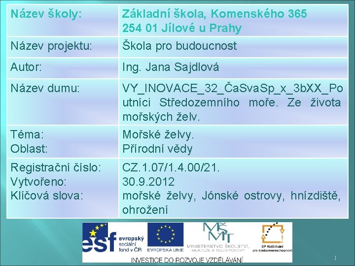 Název školy: Název projektu: Základní škola, Komenského 365 254 01 Jílové u Prahy Škola