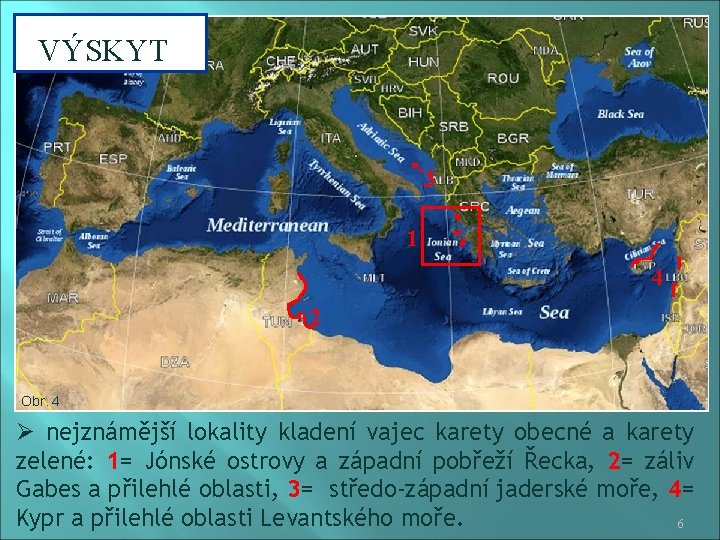 VÝSKYT 3 1 4 2 Obr. 4 Ø nejznámější lokality kladení vajec karety obecné