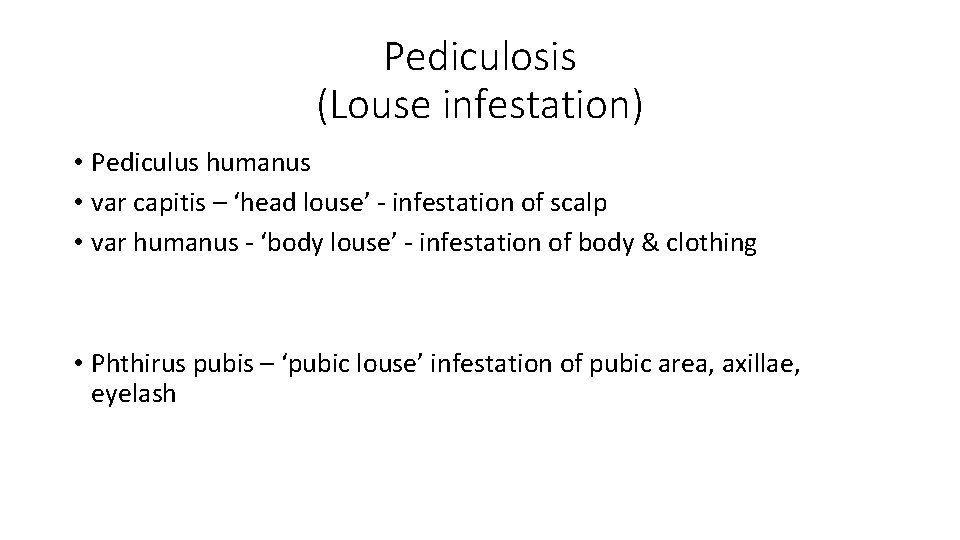 Pediculosis (Louse infestation) • Pediculus humanus • var capitis – ‘head louse’ - infestation