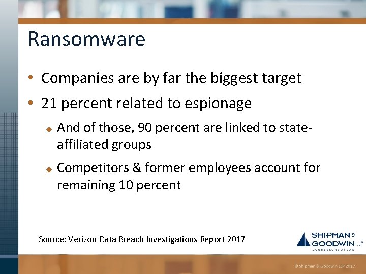 Ransomware • Companies are by far the biggest target • 21 percent related to