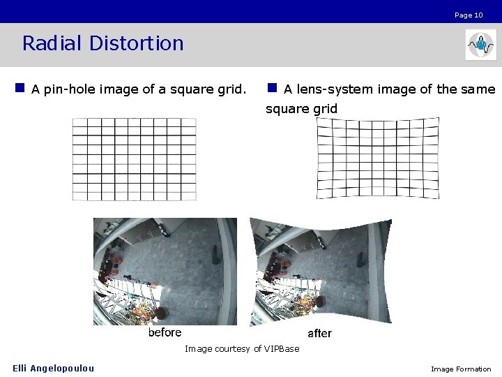 Page 10 Radial Distortion n A pin-hole image of a square grid. n A