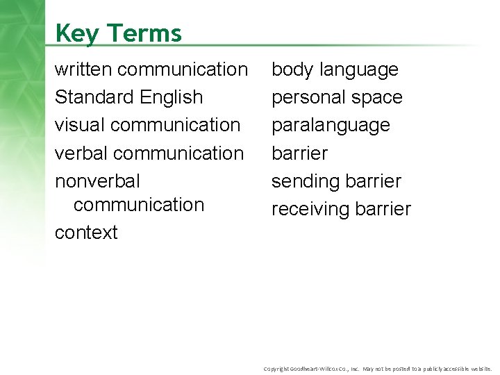 Key Terms written communication Standard English visual communication verbal communication nonverbal communication context body