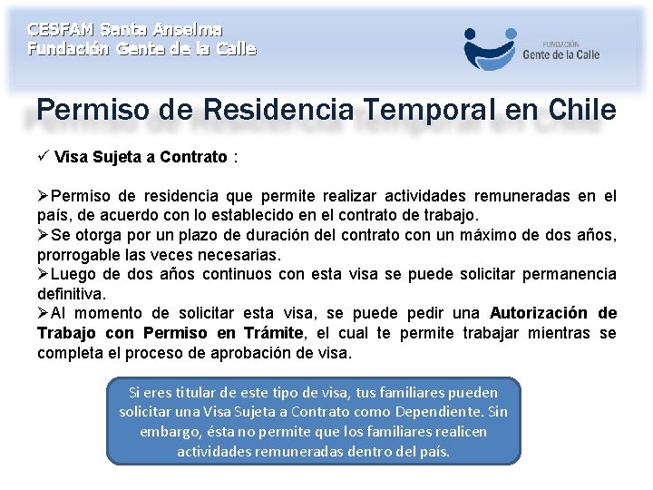 CESFAM Santa Anselma Fundación Gente de la Calle Permiso de Residencia Temporal en Chile