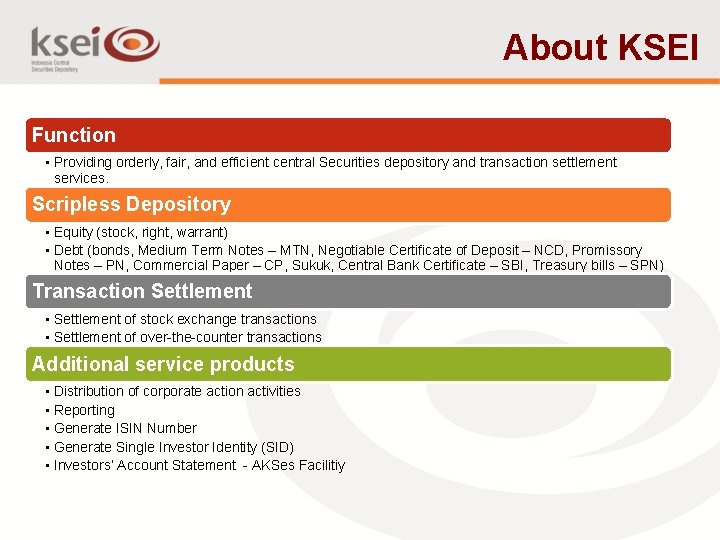 About KSEI Function • Providing orderly, fair, and efficient central Securities depository and transaction