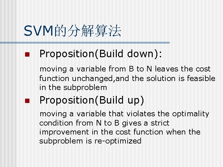 SVM的分解算法 n Proposition(Build down): moving a variable from B to N leaves the cost
