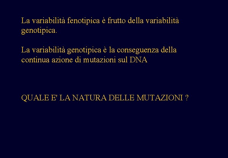 La variabilità fenotipica è frutto della variabilità genotipica. La variabilità genotipica è la conseguenza La variabilità fenotipica è frutto della variabilità genotipica. La variabilità genotipica è la conseguenza