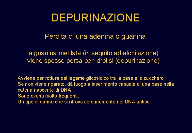 DEPURINAZIONE Perdita di una adenina o guanina la guanina metilata (in seguito ad alchilazione) DEPURINAZIONE Perdita di una adenina o guanina la guanina metilata (in seguito ad alchilazione)