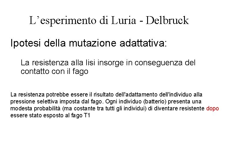 L’esperimento di Luria - Delbruck Ipotesi della mutazione adattativa: La resistenza alla lisi insorge L’esperimento di Luria - Delbruck Ipotesi della mutazione adattativa: La resistenza alla lisi insorge