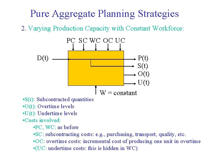 Pure Aggregate Planning Strategies 2. Varying Production Capacity with Constant Workforce: PC SC WC