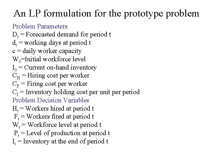 An LP formulation for the prototype problem Parameters Dt = Forecasted demand for period