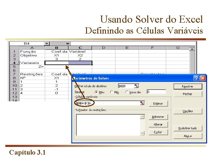 Usando Solver do Excel Definindo as Células Variáveis Capítulo 3. 1 