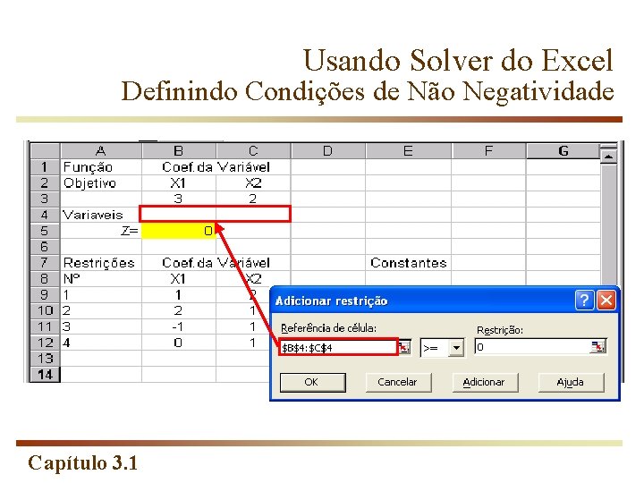 Usando Solver do Excel Definindo Condições de Não Negatividade Capítulo 3. 1 