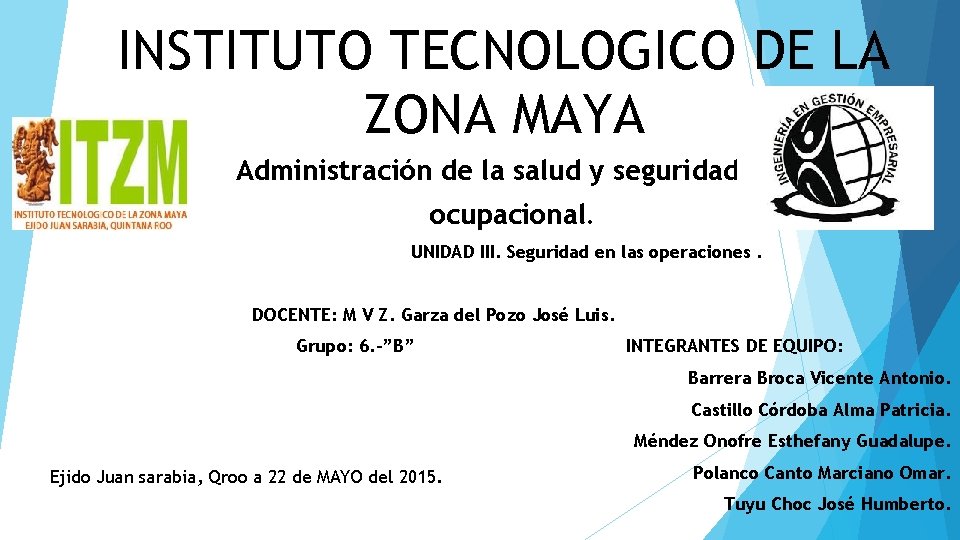 INSTITUTO TECNOLOGICO DE LA ZONA MAYA Administración de la salud y seguridad ocupacional. UNIDAD