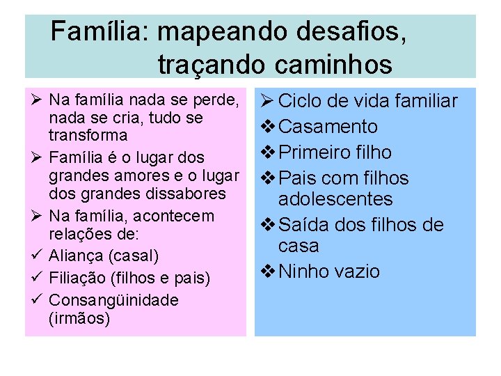 Família: mapeando desafios, traçando caminhos Ø Na família nada se perde, nada se cria,