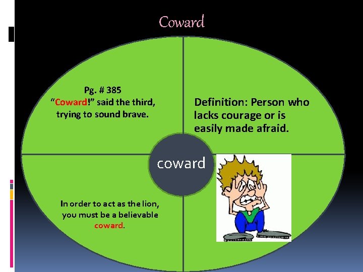Coward Pg. # 385 “Coward!” said the third, trying to sound brave. Definition: Person Coward Pg. # 385 “Coward!” said the third, trying to sound brave. Definition: Person