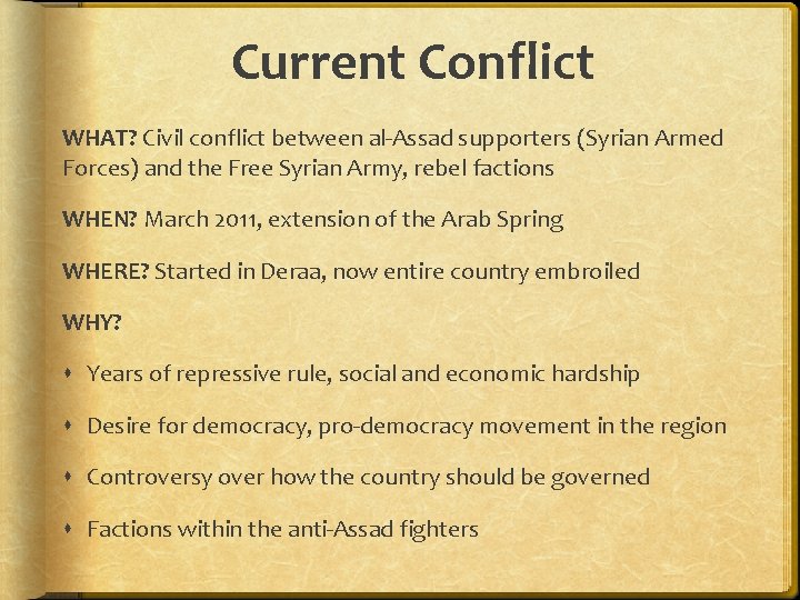 Current Conflict WHAT? Civil conflict between al-Assad supporters (Syrian Armed Forces) and the Free
