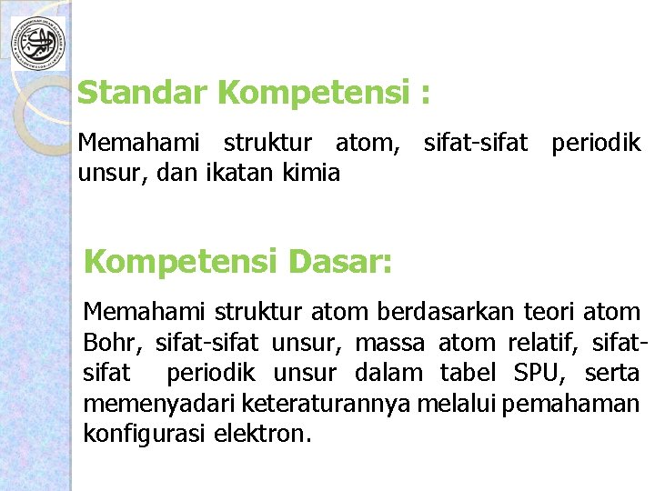 Standar Kompetensi : Memahami struktur atom, sifat-sifat periodik unsur, dan ikatan kimia Kompetensi Dasar: