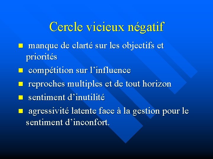 Cercle vicieux négatif manque de clarté sur les objectifs et priorités n compétition sur