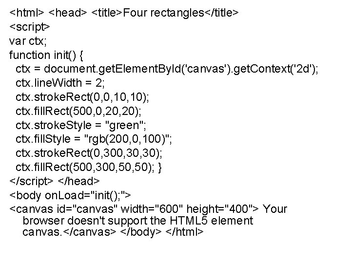 <html> <head> <title>Four rectangles</title> <script> var ctx; function init() { ctx = document. get.