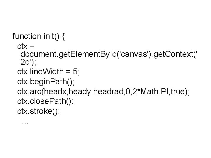 function init() { ctx = document. get. Element. By. Id('canvas'). get. Context(' 2 d');