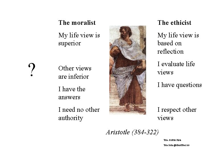  ? The moralist The ethicist My life view is superior My life view