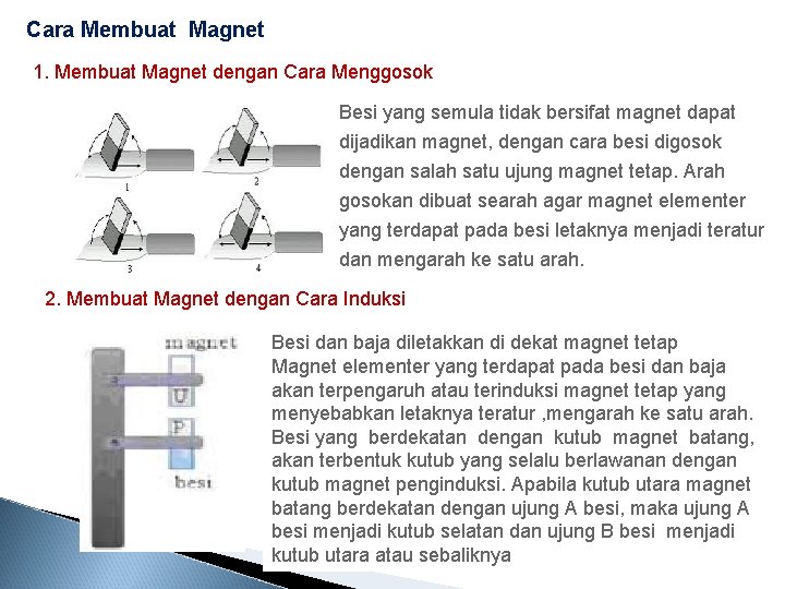 Cara Membuat Magnet 1. Membuat Magnet dengan Cara Menggosok Besi yang semula tidak bersifat