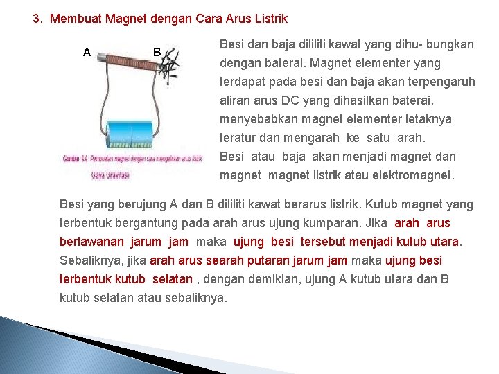 3. Membuat Magnet dengan Cara Arus Listrik A B Besi dan baja dililiti kawat