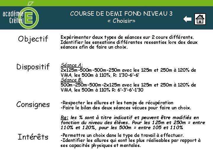 COURSE DE DEMI FOND NIVEAU 3 « Choisir» Objectif Expérimenter deux types de séances