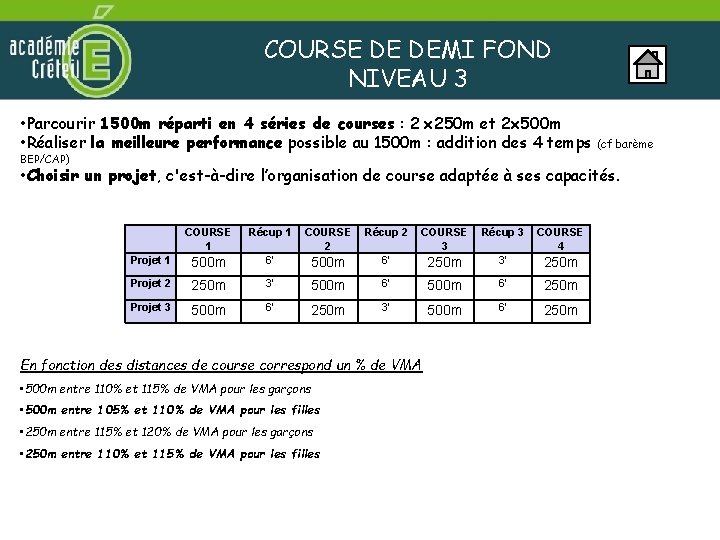 COURSE DE DEMI FOND NIVEAU 3 • Parcourir 1500 m réparti en 4 séries