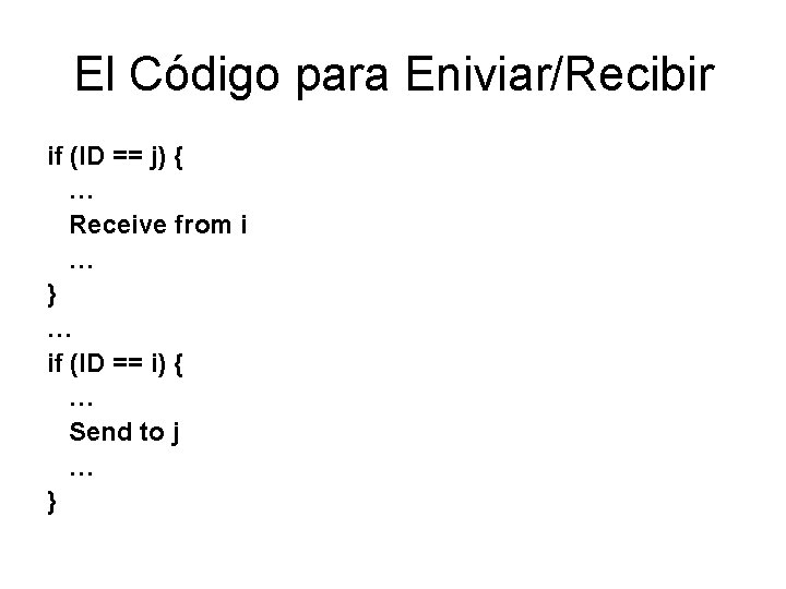 El Código para Eniviar/Recibir if (ID == j) { … Receive from i … El Código para Eniviar/Recibir if (ID == j) { … Receive from i …
