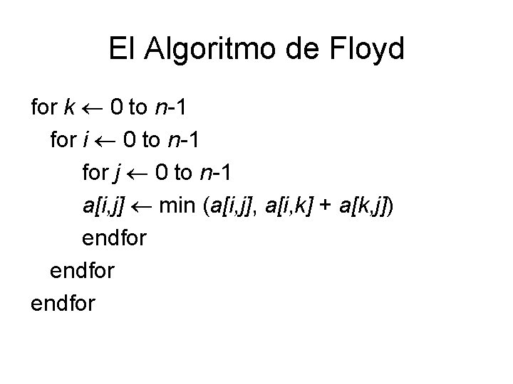 El Algoritmo de Floyd for k 0 to n-1 for i 0 to n-1 El Algoritmo de Floyd for k 0 to n-1 for i 0 to n-1