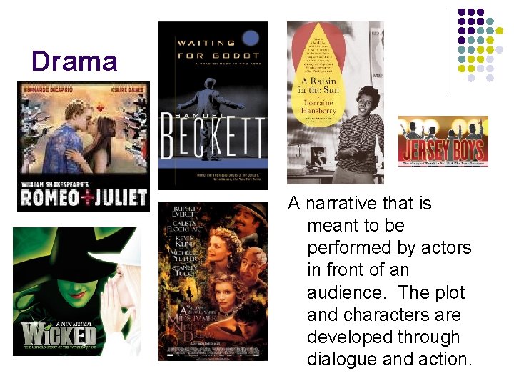 Drama A narrative that is meant to be performed by actors in front of