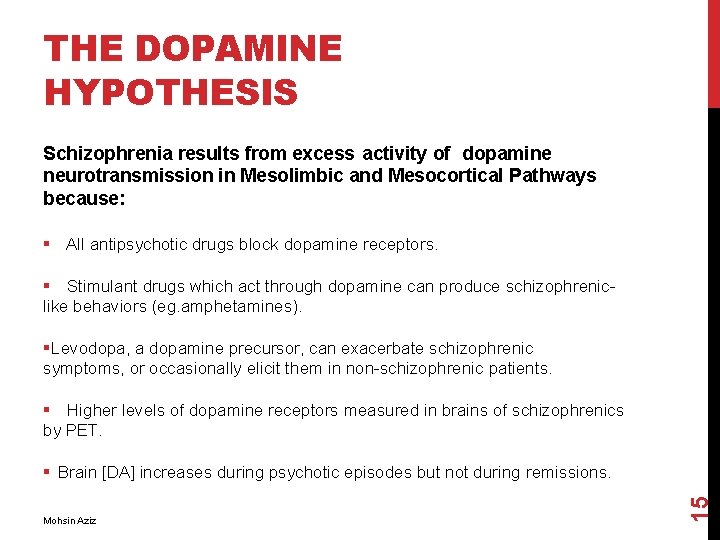 THE DOPAMINE HYPOTHESIS Schizophrenia results from excess activity of dopamine neurotransmission in Mesolimbic and