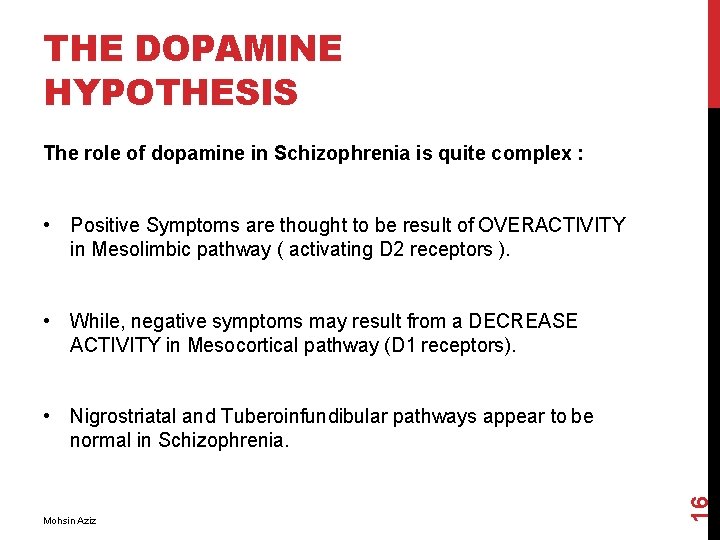 THE DOPAMINE HYPOTHESIS The role of dopamine in Schizophrenia is quite complex : •