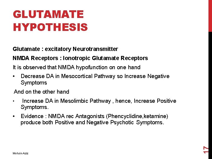 GLUTAMATE HYPOTHESIS Glutamate : excitatory Neurotransmitter NMDA Receptors : Ionotropic Glutamate Receptors It is
