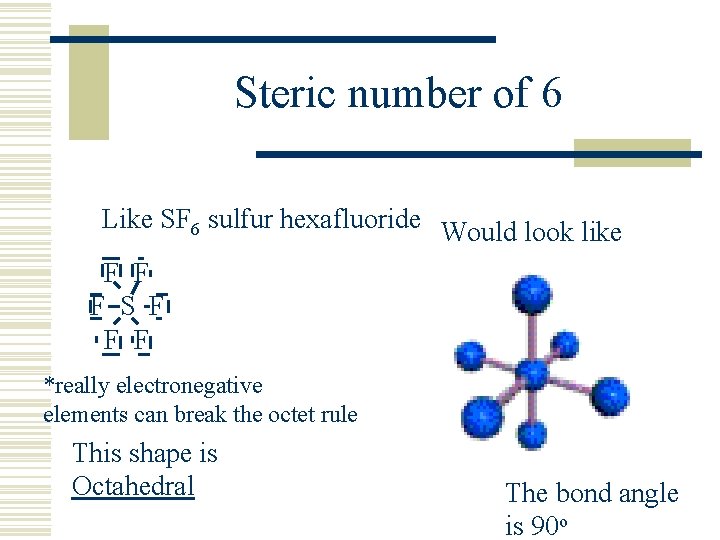 Steric number of 6 Like SF 6 sulfur hexafluoride Would look like F F