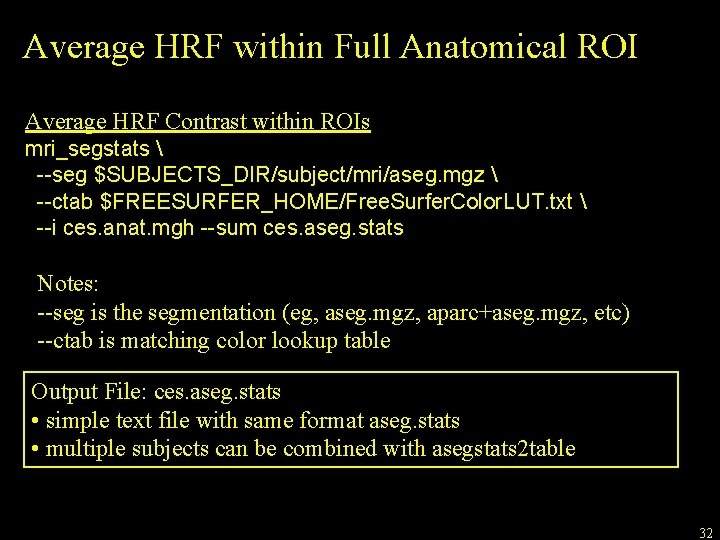 Average HRF within Full Anatomical ROI Average HRF Contrast within ROIs mri_segstats  --seg