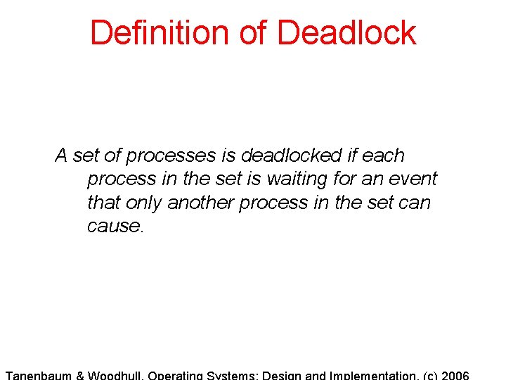 Definition of Deadlock A set of processes is deadlocked if each process in the