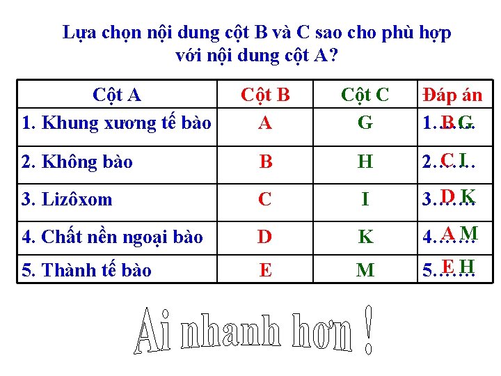 Lựa chọn nội dung cột B và C sao cho phù hợp với nội