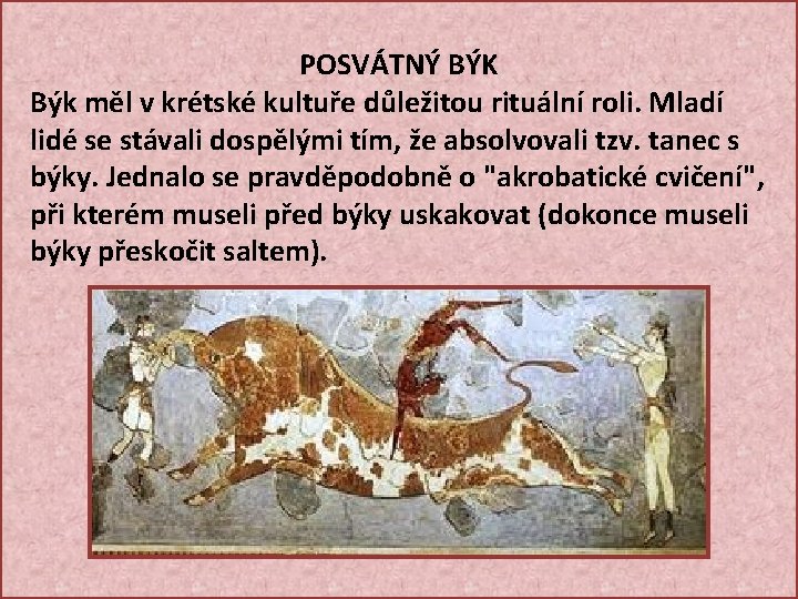 POSVÁTNÝ BÝK Býk měl v krétské kultuře důležitou rituální roli. Mladí lidé se stávali