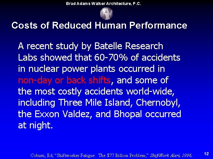 Brad Adams Walker Architecture, P. C. Costs of Reduced Human Performance A recent study Brad Adams Walker Architecture, P. C. Costs of Reduced Human Performance A recent study